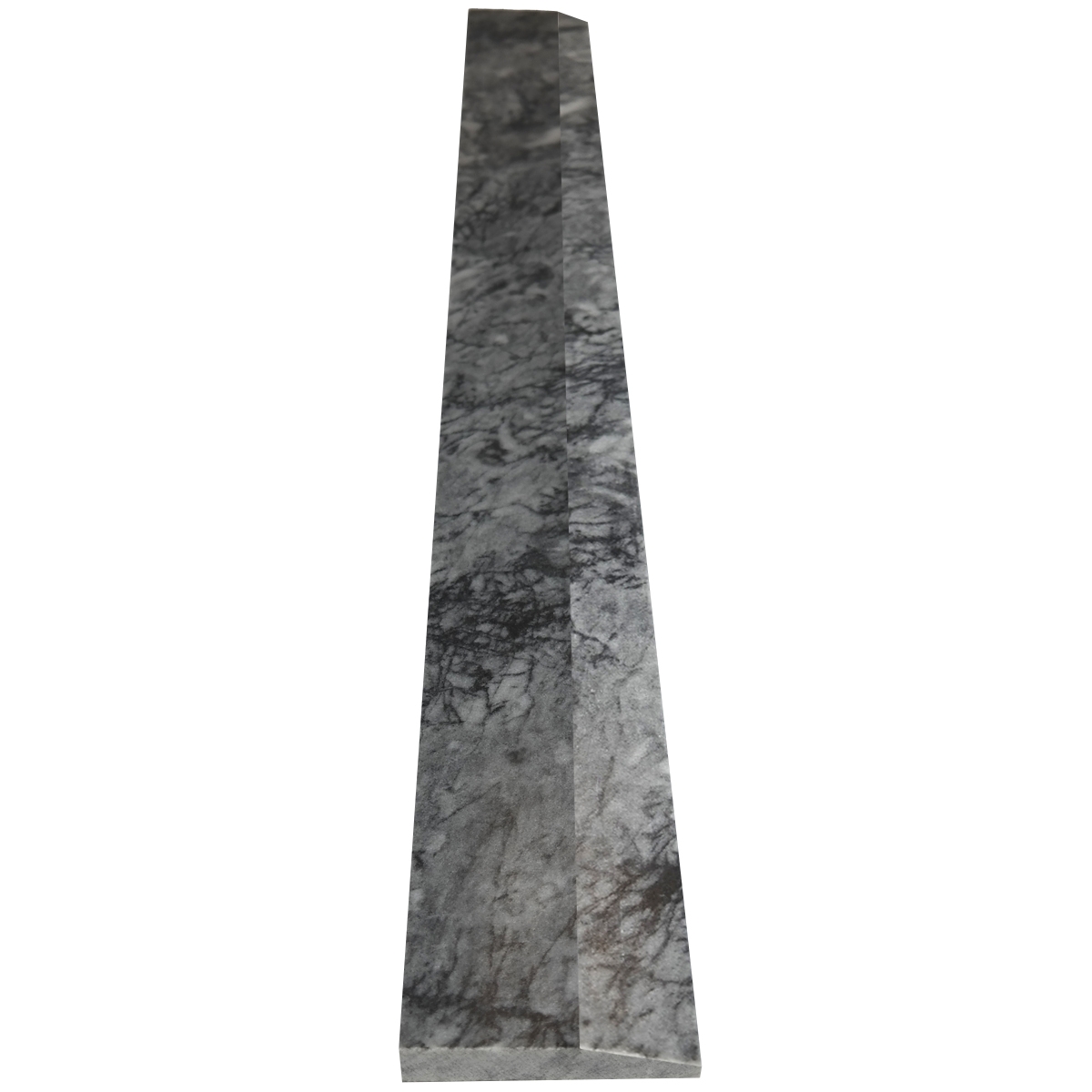 Close-up view of 4 x 32 Saddle Threshold Hollywood City Grey Matte Marble Stone shows the top surface finish, slope edge on one long side and eased edge bevel on the other long side