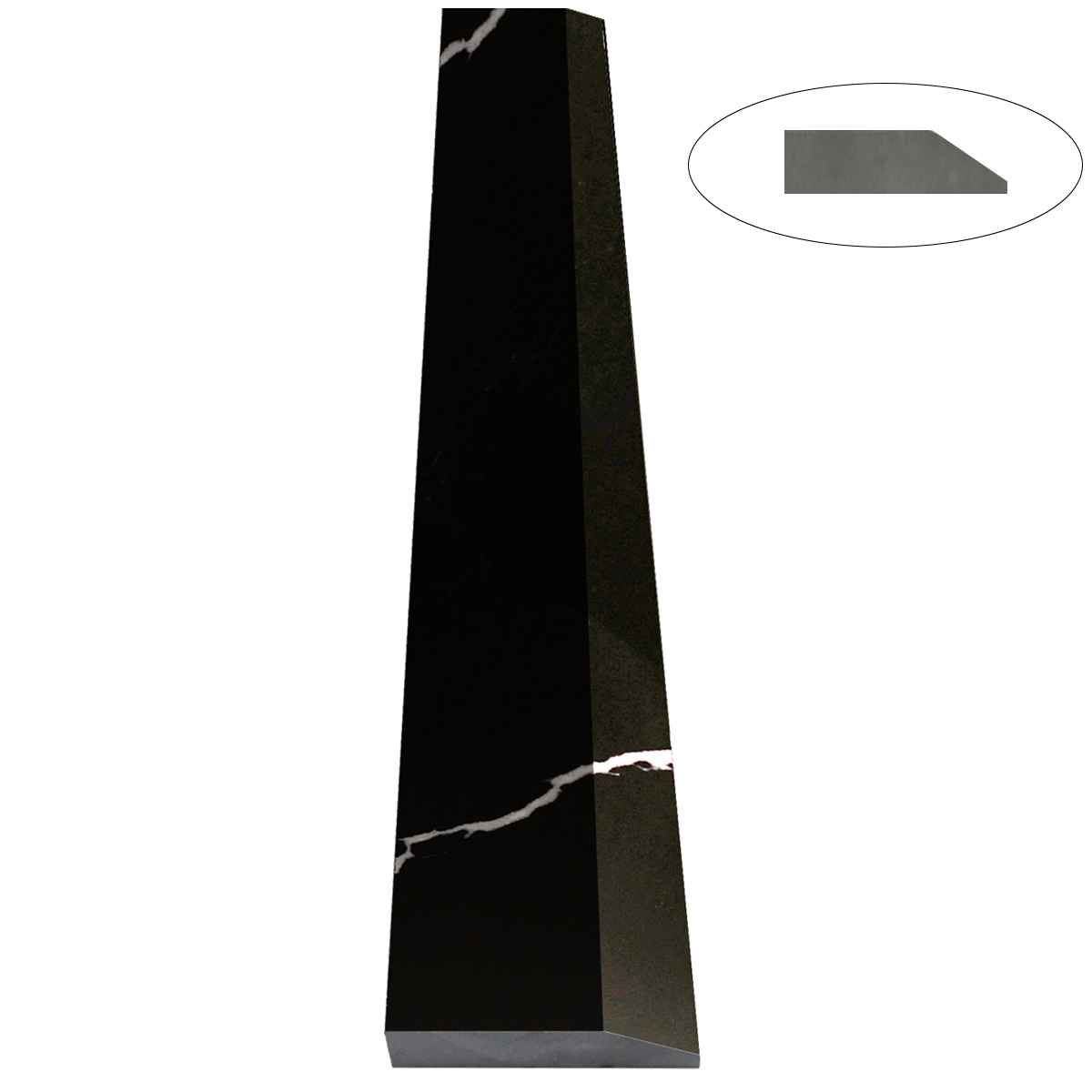 Close-up view of 4 x 60 Saddle Threshold Hollywood Nero Marquino Black Stone shows the top surface finish, slope edge on one long side and eased edge bevel on the other long side