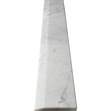 Close-up view of 5 x 48 Hollywood Saddle Threshold Italian White Carrara Marble Stone shows the top surface finish, slope edge on one long side and eased edge bevel on the other long side