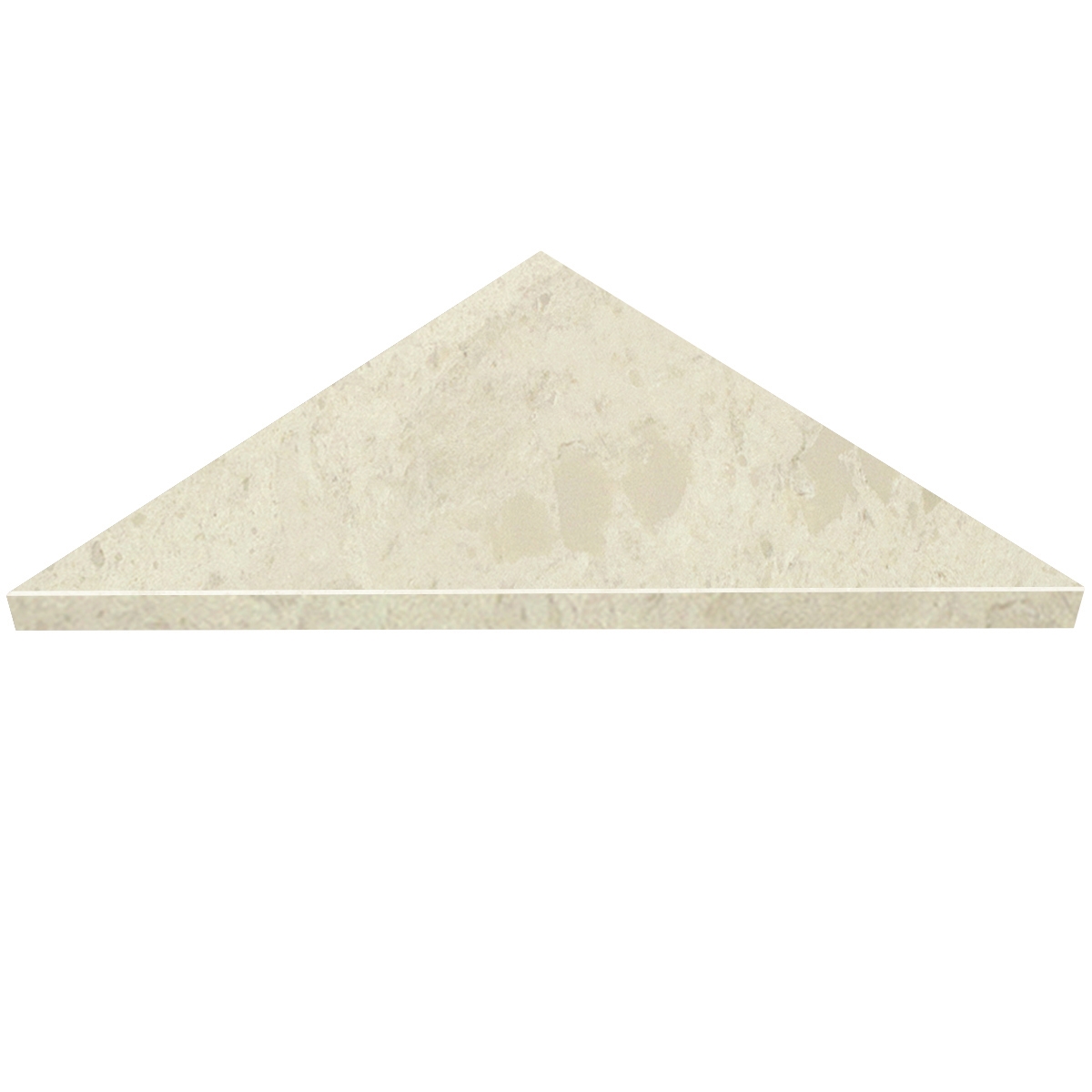 Close-up view of Madreperola Creamy Beige Stone Triangle Shower Corner Seat shows the front surface finish and bevel on the front edge