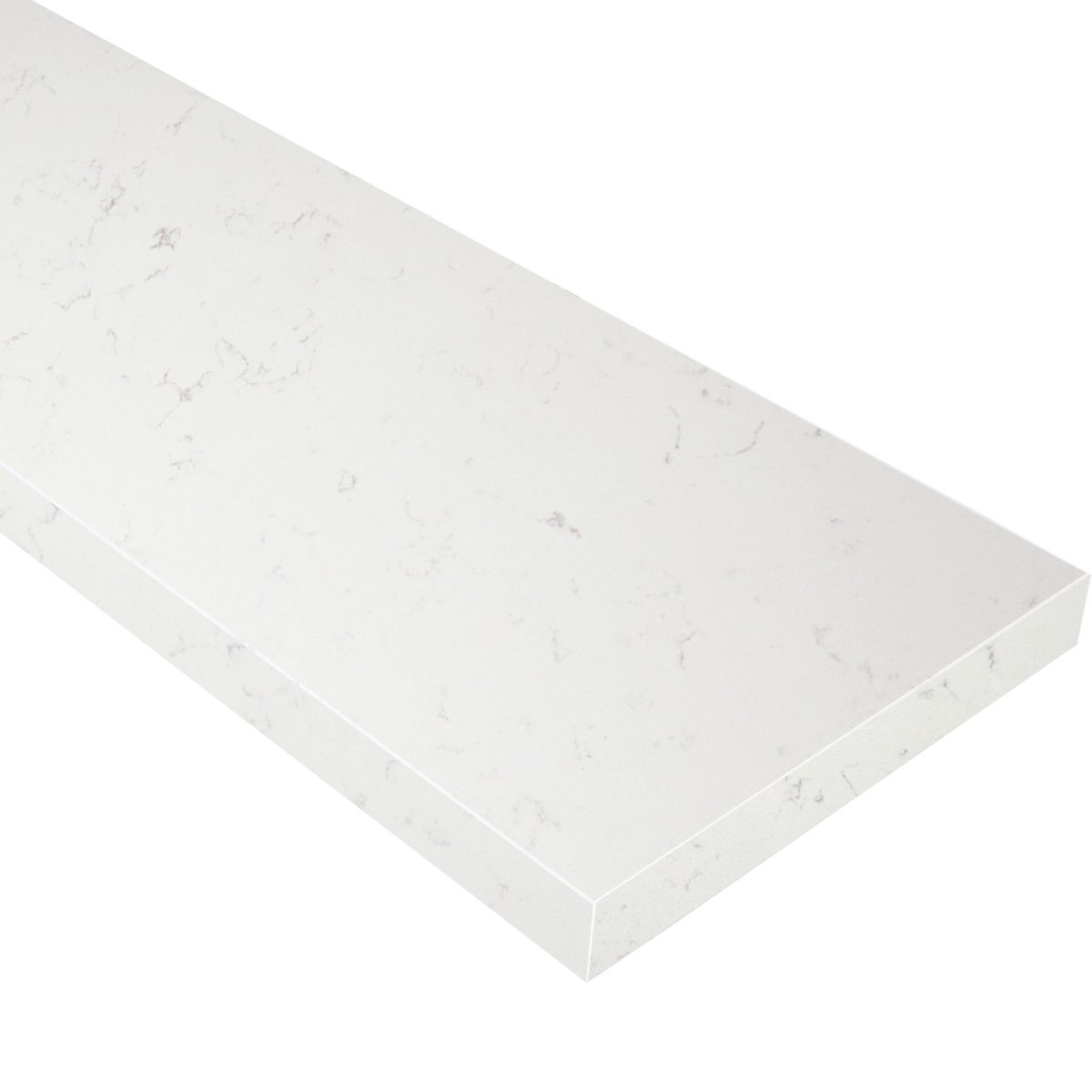 Side angle view of Bianco Carrara Stone Tile Shower Wall Cap shows the bevel and finish on both long edges