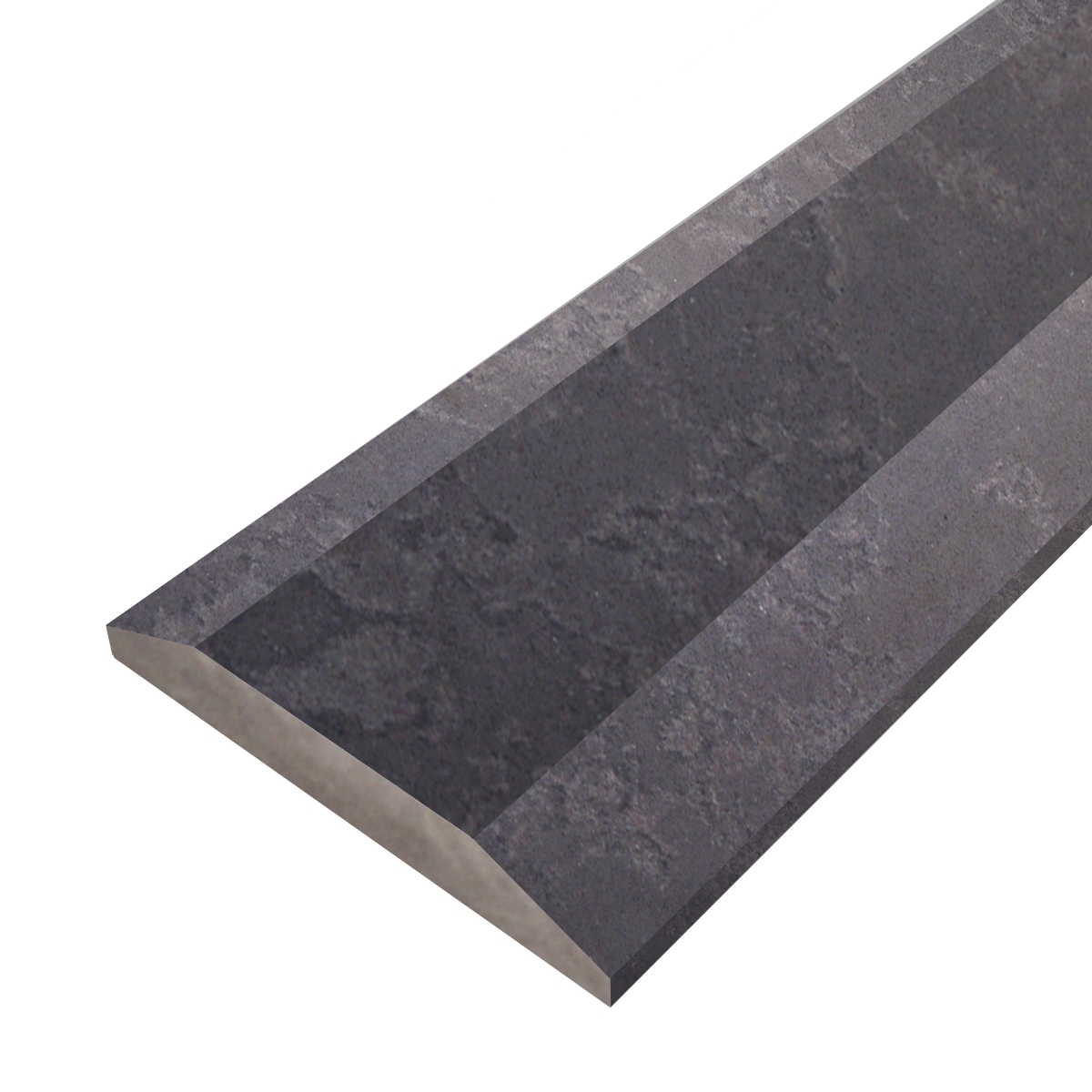 Side view of 4 x 60 Double Hollywood Saddle Threshold Dark Grey Stone shows the top surface finish, slope edge, angled edge on both long sides