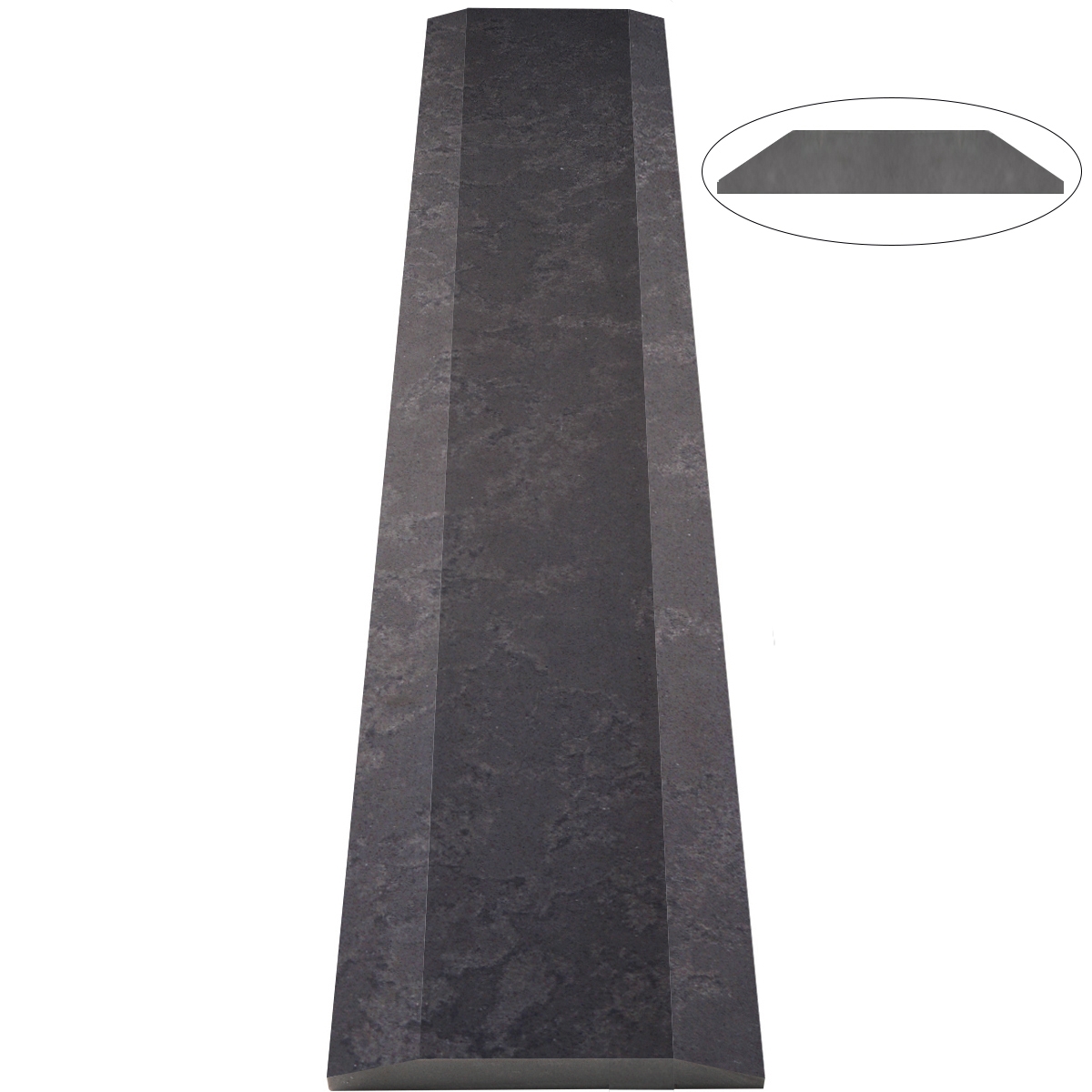 Close-up view of 6 x 48 Double Hollywood Saddle Threshold Dark Grey Stone shows the top surface finish, slope edge on both long side for ada compliance