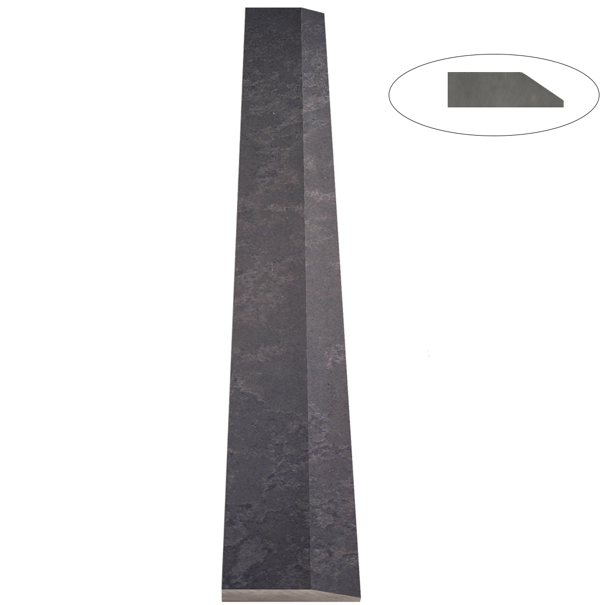 Close-up view of 4 x 24 Hollywood Saddle Threshold Dark Grey Stone Honed Matte Finish shows the top surface finish, slope edge on one long side and eased edge bevel on the other long side