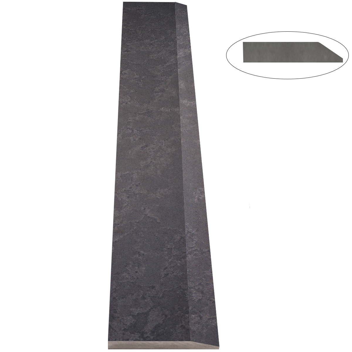 Close-up view of 6 x 72 Hollywood Saddle Threshold Dark Grey Stone shows the top surface finish, slope edge on one long side and eased edge bevel on the other long side