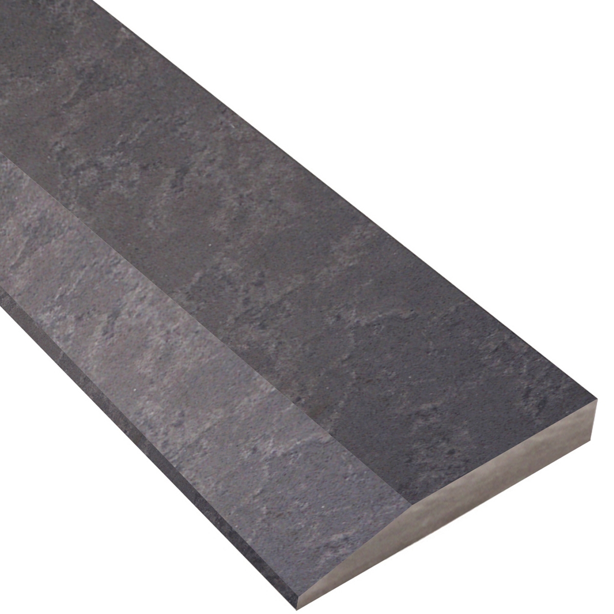Side view of 4 x 24 Hollywood Saddle Threshold Dark Grey Stone Honed Matte Finish shows the top surface finish, slope edge on one long side and eased edge bevel on the other long side