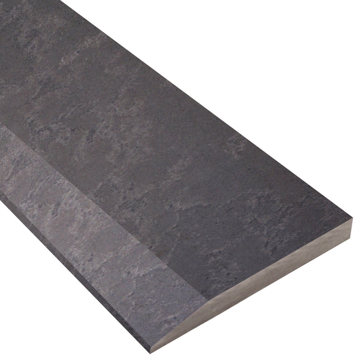 Side view of 6 x 72 Hollywood Saddle Threshold Dark Grey Stone shows the top surface finish, slope edge on one long side and eased edge bevel on the other long side