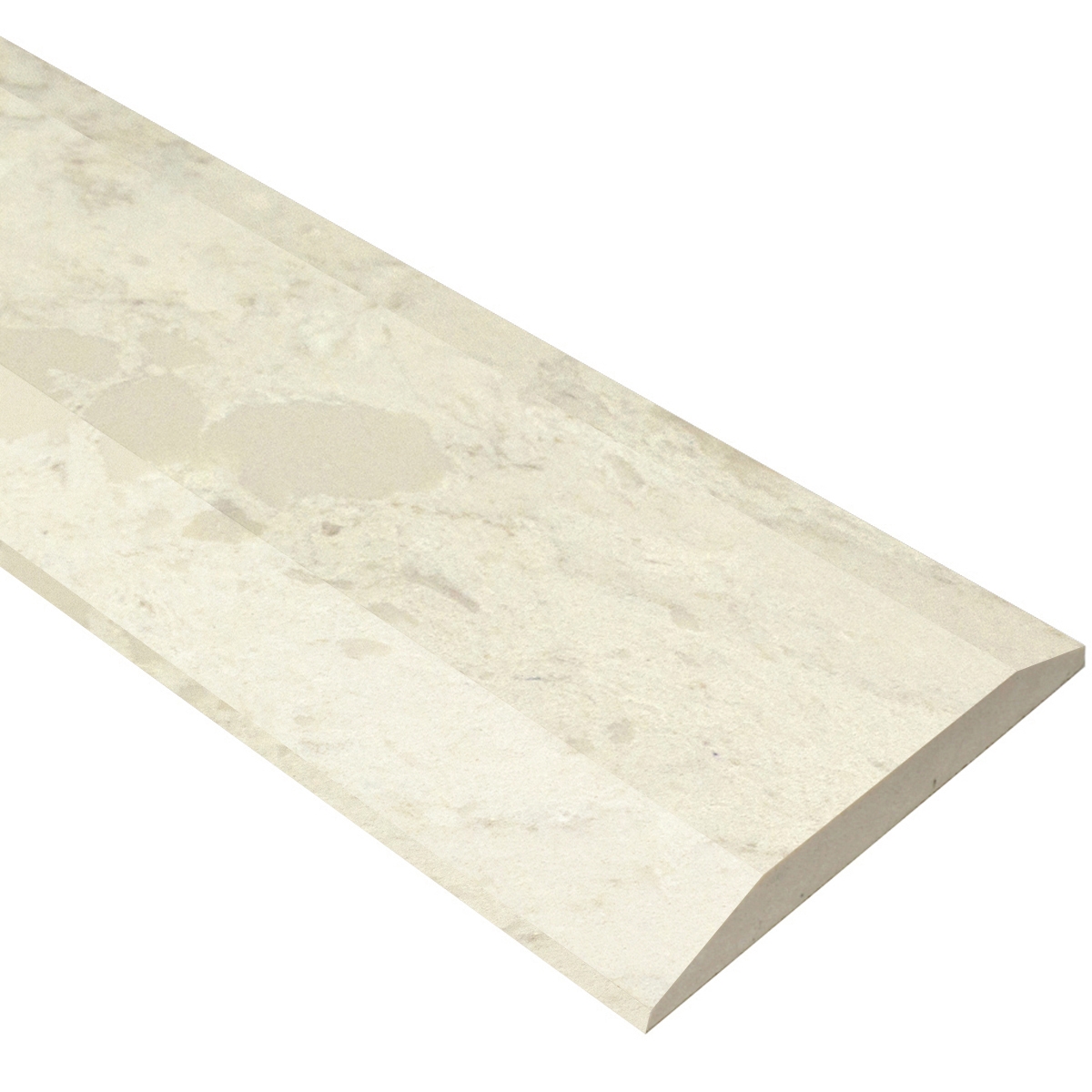 Side view of 7 x 72 Double Hollywood Saddle Threshold Madreperola Creamy Beige Stone shows the top surface finish, slope edge, angled edge on both long sides