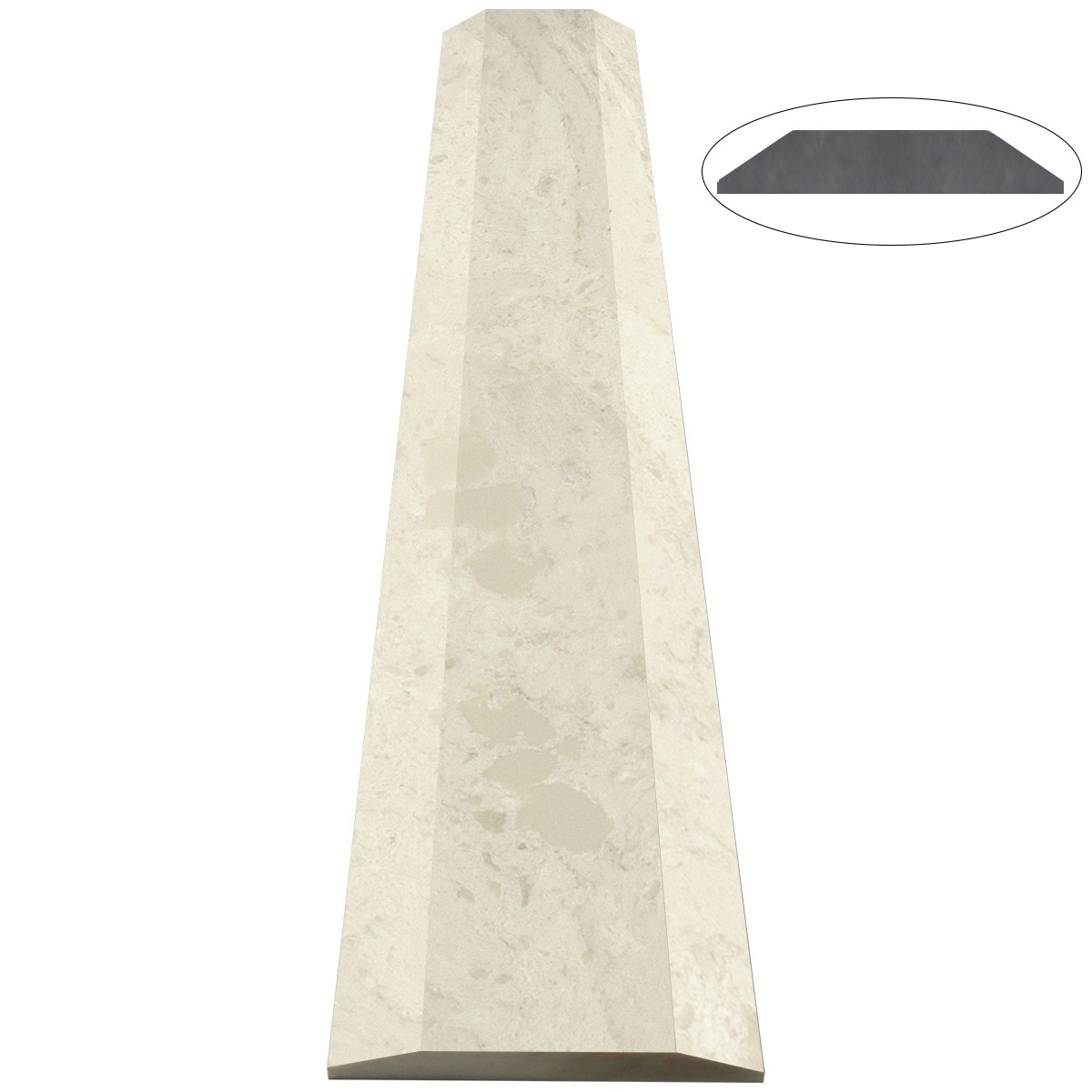 Close-up view of 7 x 72 Double Hollywood Saddle Threshold Madreperola Creamy Beige Stone shows the top surface finish, slope edge on both long side for ada compliance