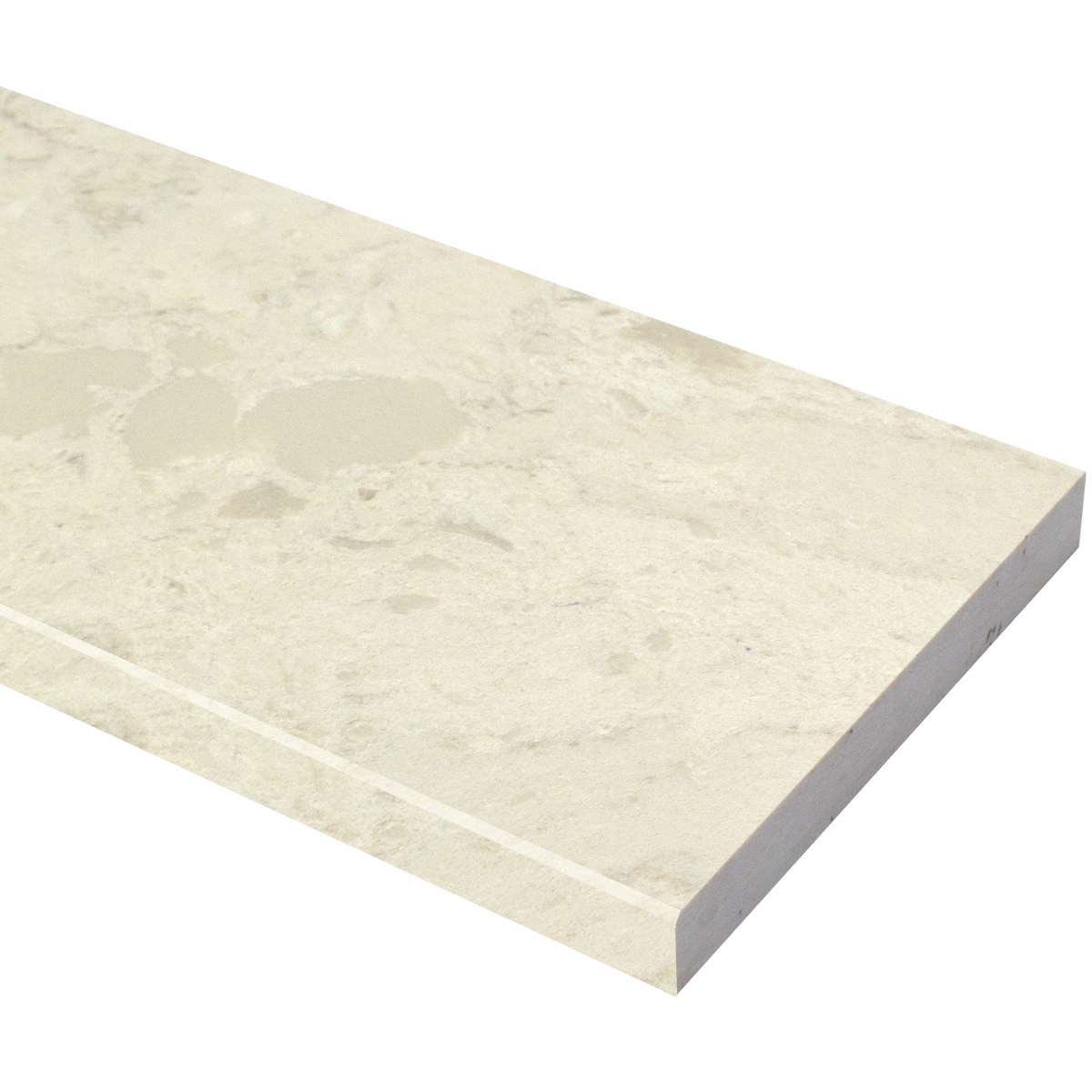 Side view of 6 x 48 Saddle Threshold Madreperola Creamy Beige Stone shows the bevel and finish on both long edges