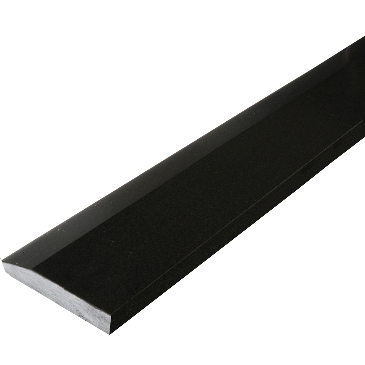 Side angle view of 4 x 60 Hollywood Saddle Threshold Absolute Black Honed Granite Stone Matte Finish shows the top surface finish, slope edge on one long side and eased edge bevel on the other long side