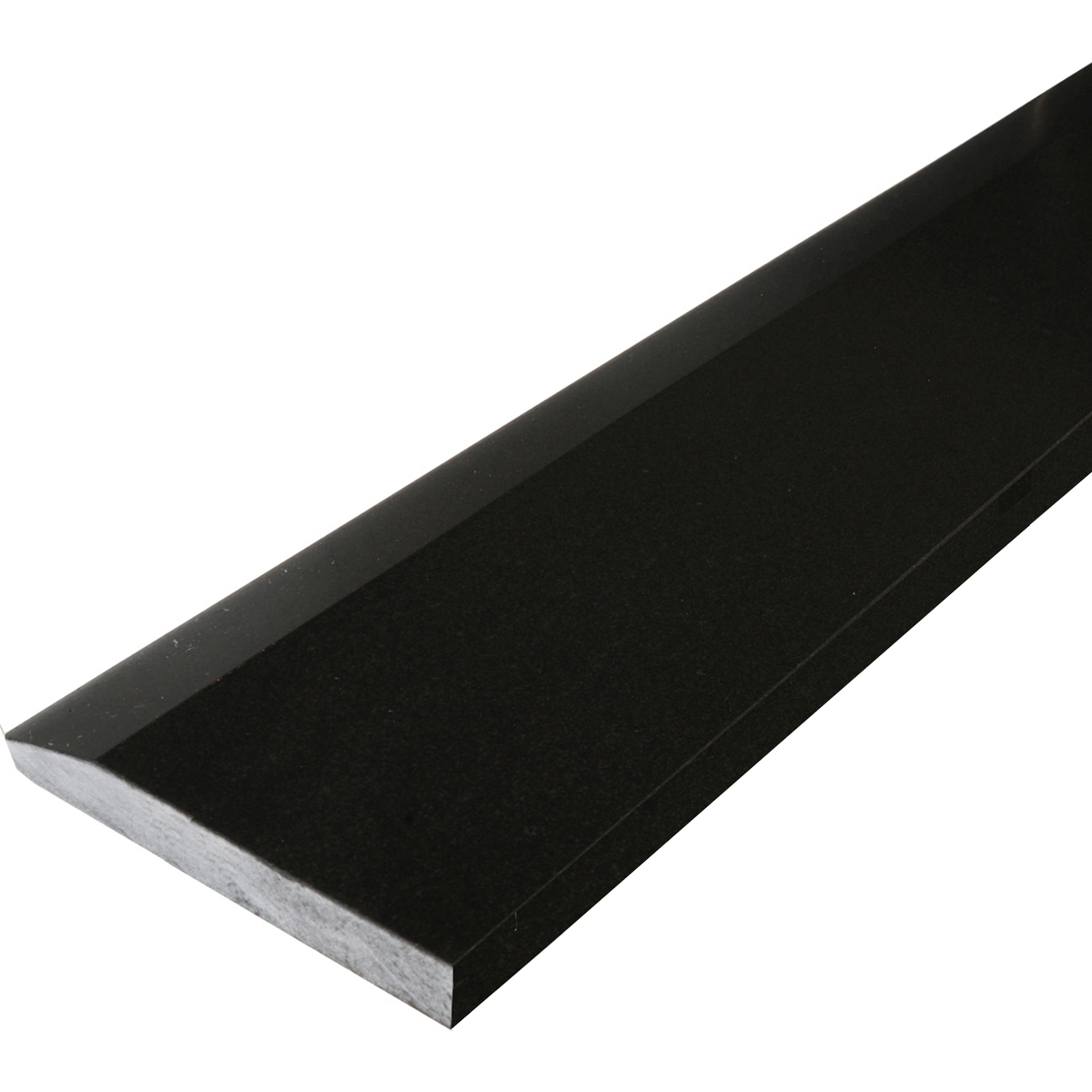 Side angle view of 5 x 36 Hollywood Saddle Threshold Absolute Black Honed Granite Stone Matte Finish shows the top surface finish, slope edge on one long side and eased edge bevel on the other long side