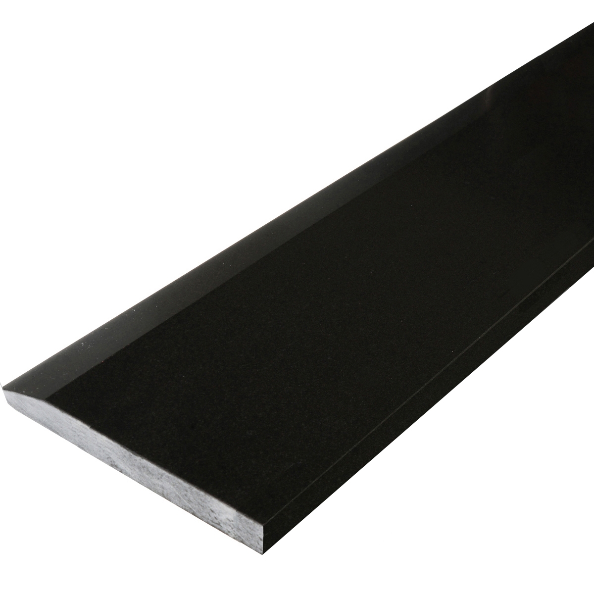 Side view of 7 x 40 Hollywood Saddle Threshold Absolute Black Honed Granite Matte Stone shows the top surface finish, slope edge on one long side and eased edge bevel on the other long side