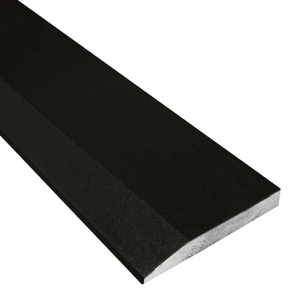 Side view of 5 x 36 Hollywood Saddle Threshold Absolute Black Honed Granite Stone Matte Finish shows the top surface finish, slope edge on one long side and eased edge bevel on the other long side