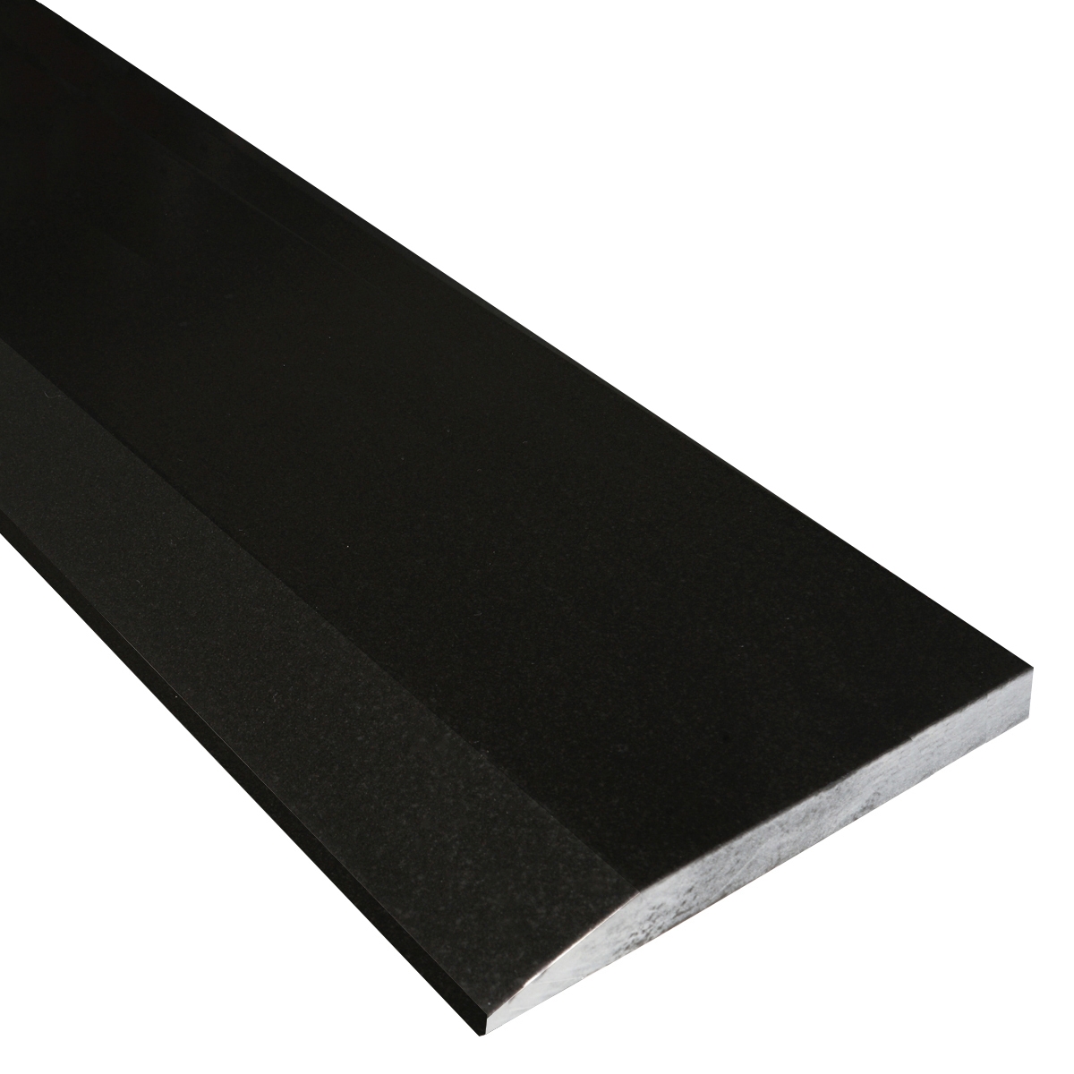 Side angle view of 7 x 40 Hollywood Saddle Threshold Absolute Black Honed Granite Matte Stone shows the top surface finish, slope edge on one long side and eased edge bevel on the other long side