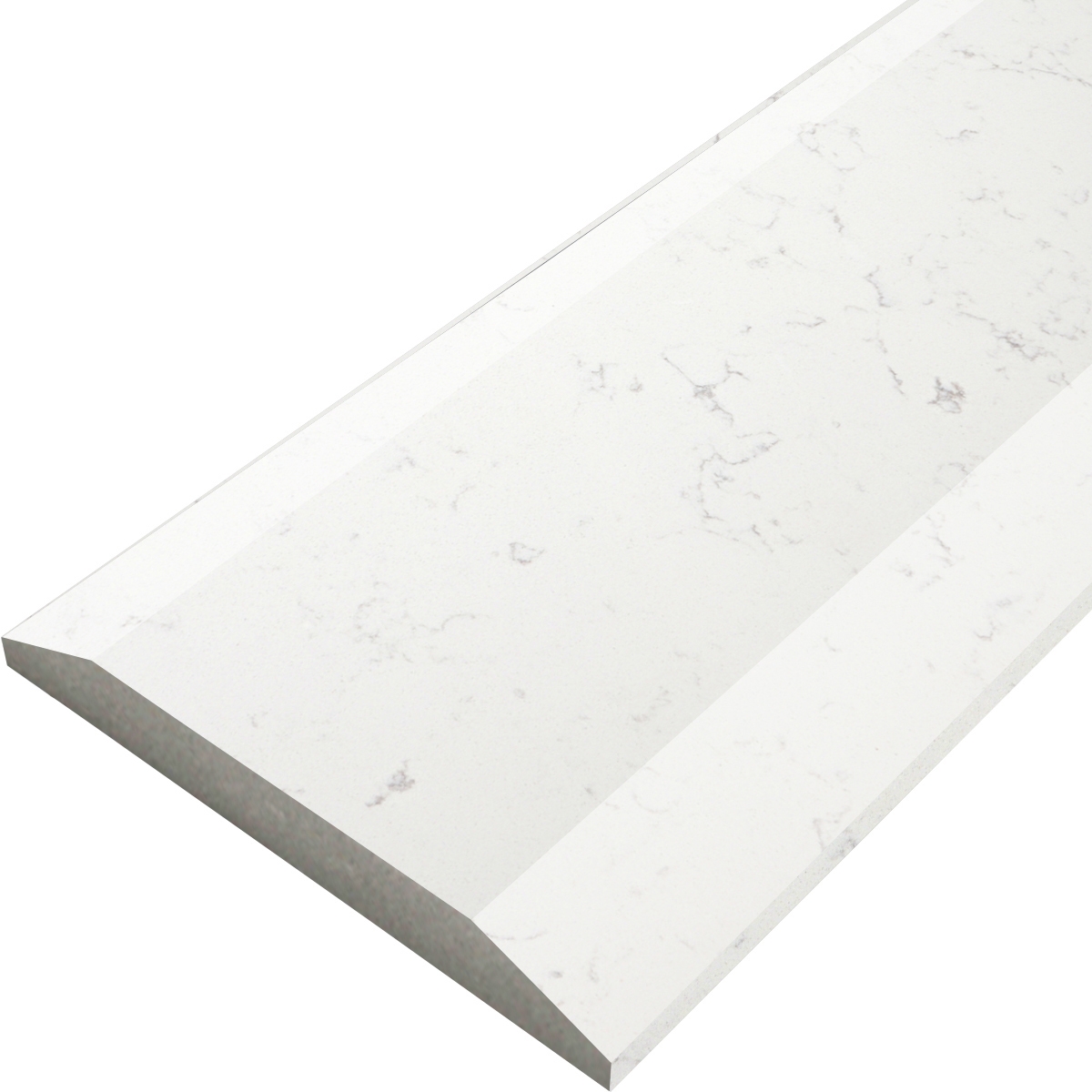 Side angle view of Saddle Threshold Double Hollywood Bianco Carrara Stone shows the top surface finish, slope edge on one long side and eased edge bevel on the other long side