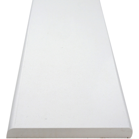 Close-up view of 6 x 36 Saddle Threshold Pure White Stone Bullnose Edge shows the top surface finish and bevel on both long edges