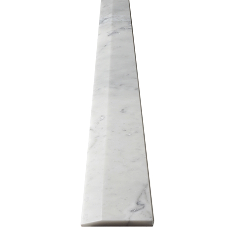 Close-up view of 4 x 24 Hollywood Saddle Threshold Italian White Carrara Marble Stone shows the top surface finish, slope edge on one long side and eased edge bevel on the other long side