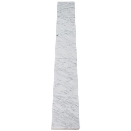 Close-up view of 4 x 48 Saddle Threshold Italian White Carrara Marble Stone 5/8 Inches Thick shows the top surface finish and bevel on both long edges