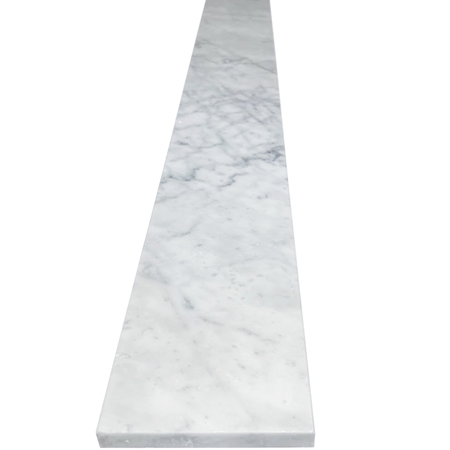 Close-up view of 6 x 48 Saddle Threshold Italian White Carrara Honed Matte Marble Stone 5/8 Thickness shows the top surface finish and bevel on both long edges