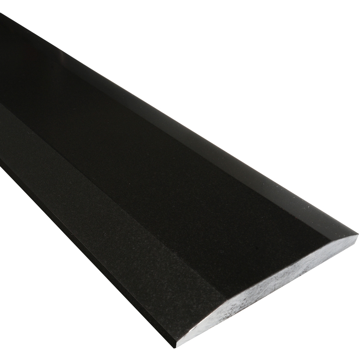 Side angle view of Saddle Threshold Double Hollywood Absolute Black Granite Honed Stone shows the top surface finish, slope edge on one long side and eased edge bevel on the other long side