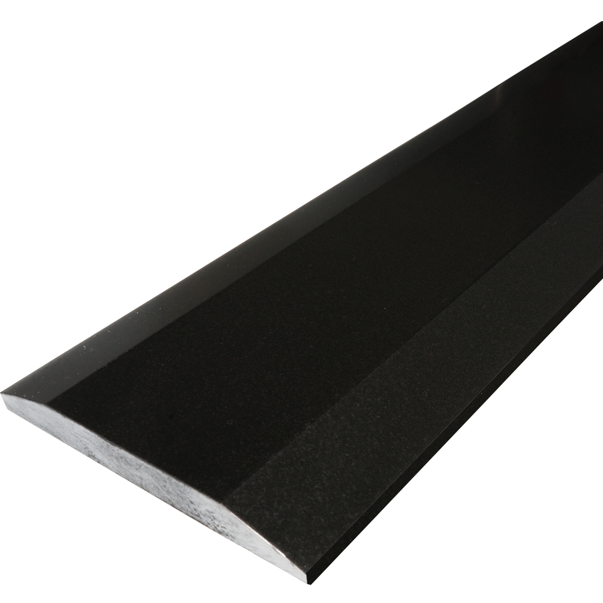 Side view of Saddle Threshold Double Hollywood Absolute Black Granite Honed Stone shows the top surface finish, slope edge on one long side and eased edge bevel on the other long side