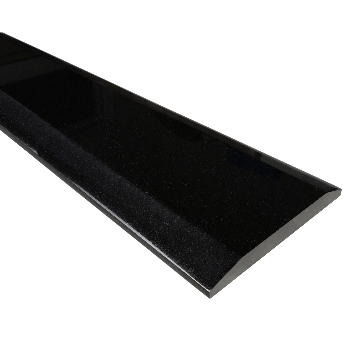 Side angle view of Saddle Threshold Double Hollywood Absolute Black Granite Polished Stone shows the top surface finish, slope edge on one long side and eased edge bevel on the other long side