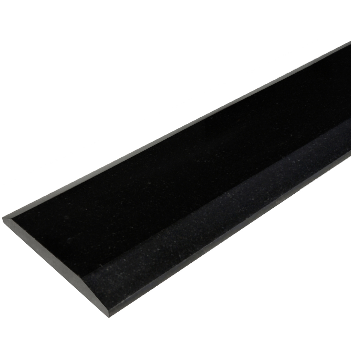 Side view of Saddle Threshold Double Hollywood Absolute Black Granite Polished Stone shows the top surface finish, slope edge on one long side and eased edge bevel on the other long side