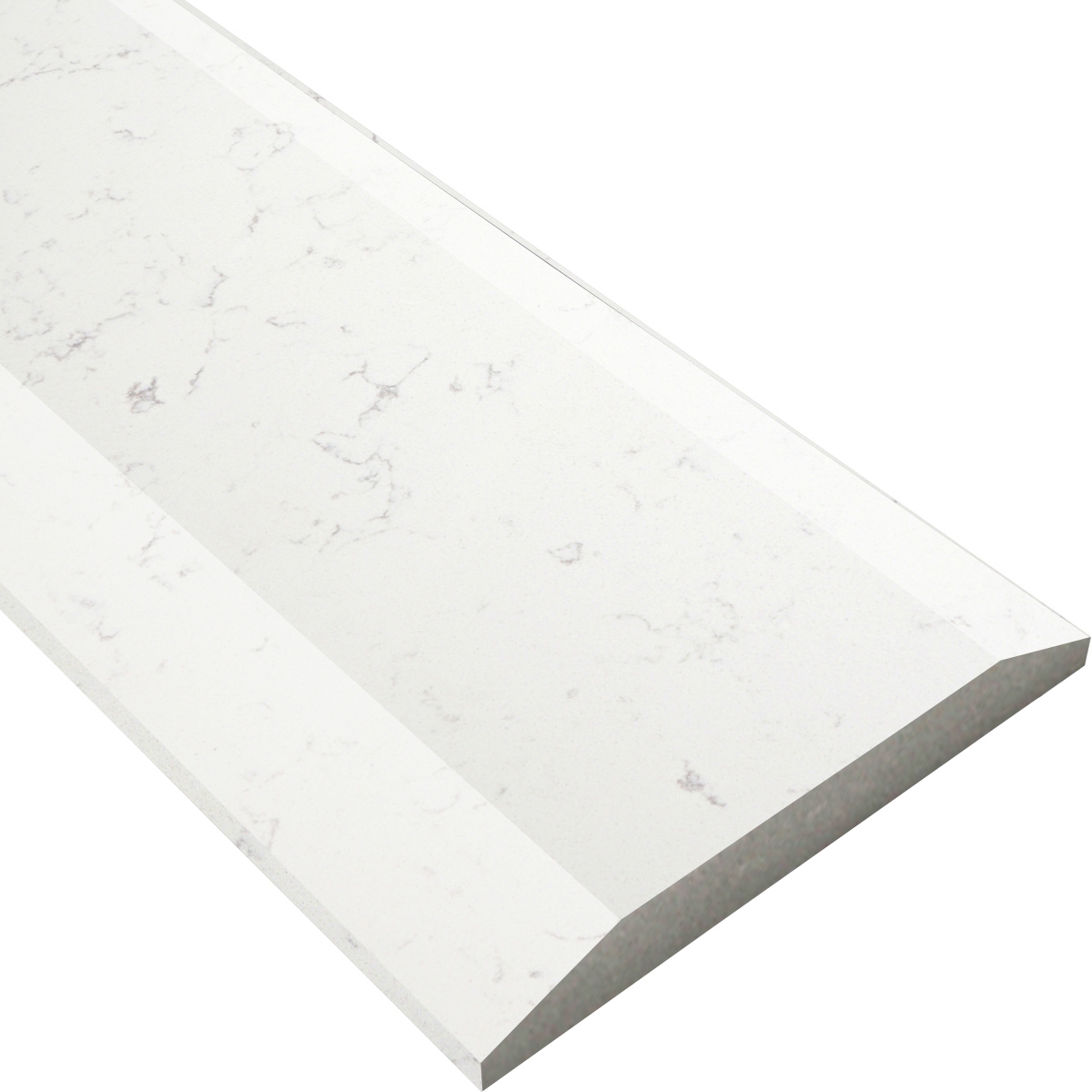 Side angle view of Saddle Threshold Double Hollywood Bianco Carrara Stone shows the top surface finish, slope edge on one long side and eased edge bevel on the other long side
