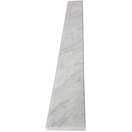 Close-up view of 4 x 24 Saddle Threshold Italian White Carrara Marble Stone 5/8 Inches Thick shows the top surface finish and bevel on both long edges