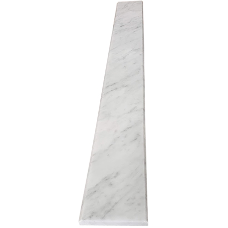 Close-up view of 5 x 48 Saddle Threshold Italian White Carrara Marble Stone 5/8 Inches Thick shows the top surface finish and bevel on both long edges