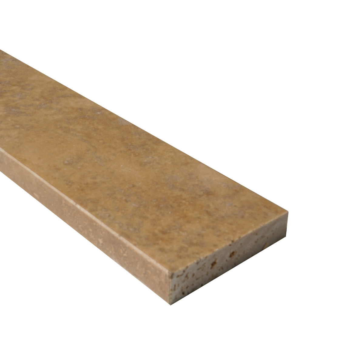 Side view of 4 x 48 Saddle Threshold Cafe Noche Travertine Stone shows the bevel and finish on both long edges