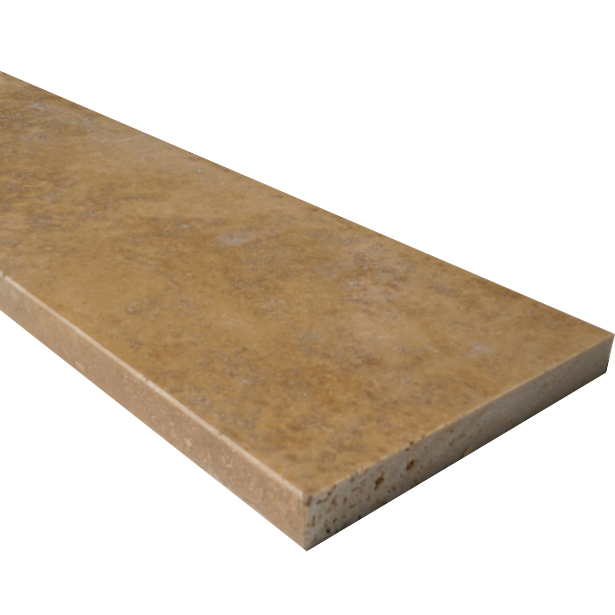 Side view of 6 x 48 Saddle Threshold Cafe Noche Travertine Stone shows the bevel and finish on both long edges