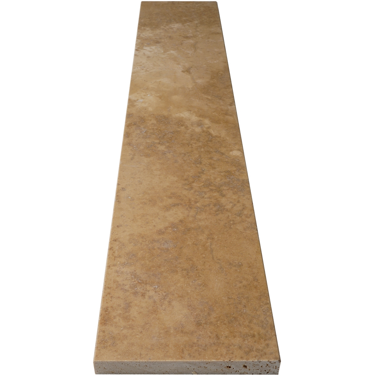 Close-up view of 6 x 48 Saddle Threshold Cafe Noche Travertine Stone shows the top surface finish and bevel on both long edges