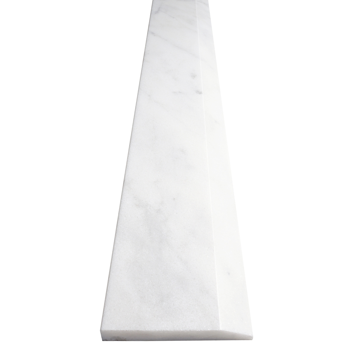 Close-up view of 6 x 48 Hollywood Saddle Threshold White Marble Stone shows the top surface finish, slope edge on one long side and eased edge bevel on the other long side