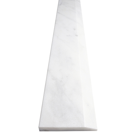 Close-up view of 6 x 40 Hollywood Saddle Threshold White Marble Stone shows the top surface finish, slope edge on one long side and eased edge bevel on the other long side