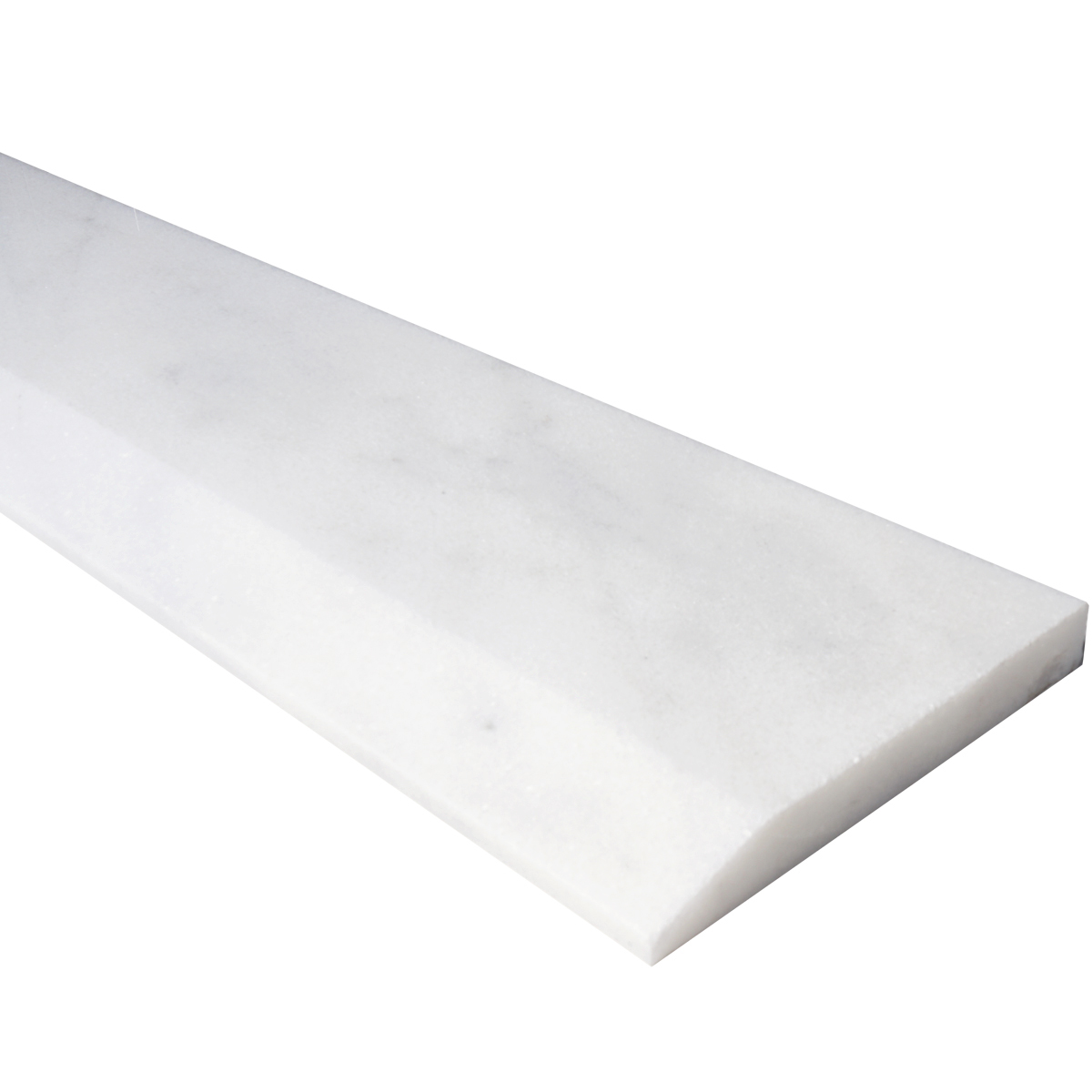 Close-up view of 6 x 48 Hollywood Saddle Threshold White Marble Stone shows the top surface finish, slope edge on one long side and eased edge bevel on the other long side