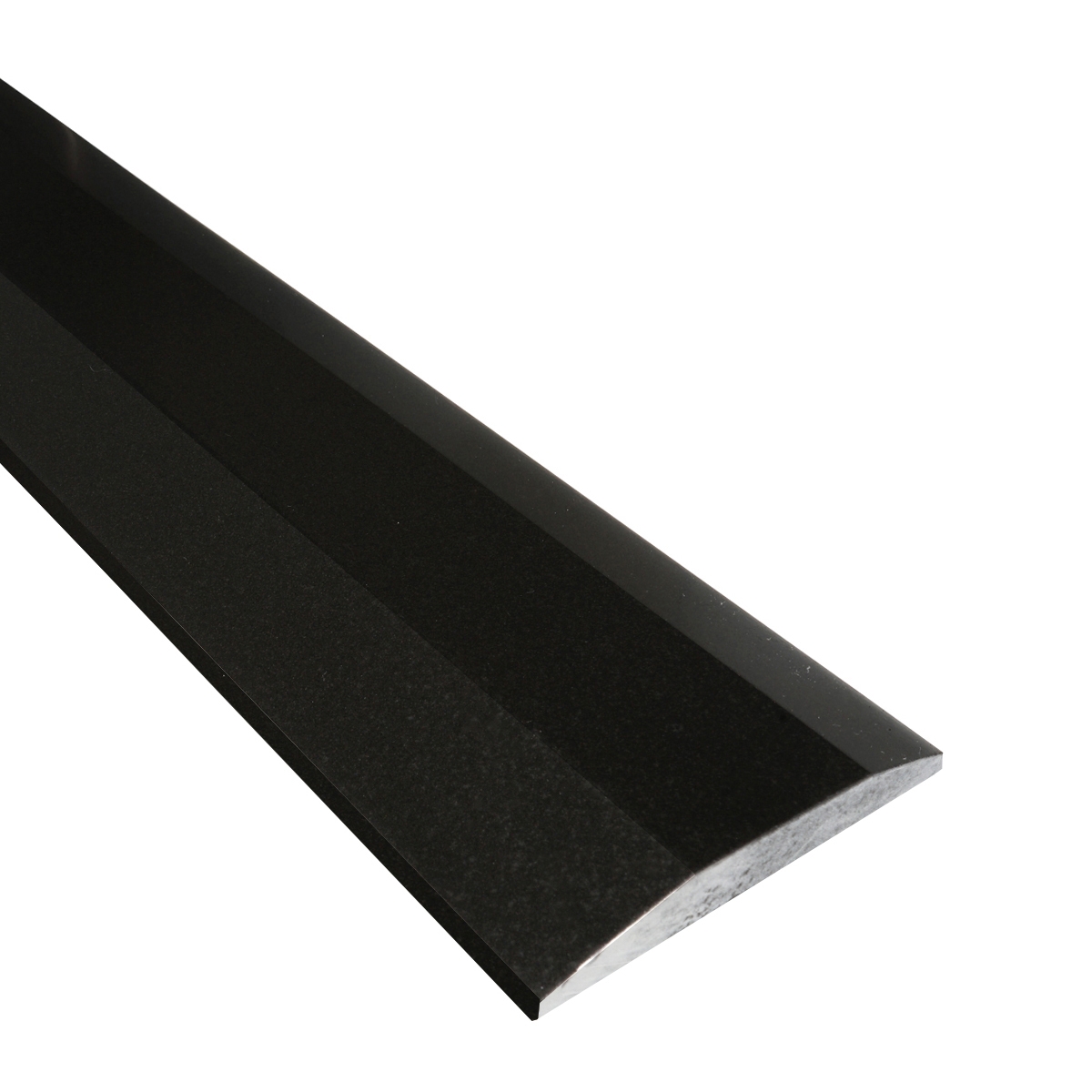 Close-up view of 4 x 60 Double Hollywood Saddle Threshold Absolute Black Granite Honed Stone Matte Finished shows the top surface finish, slope edge on both long sides