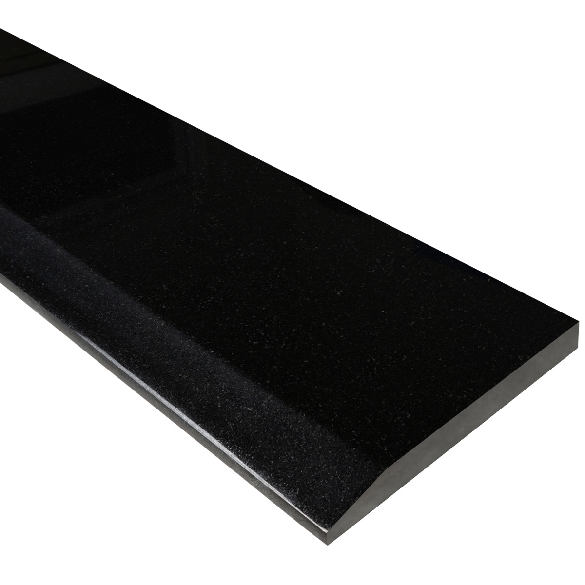 Side view of 6 x 48 Hollywood Saddle Absolute Black Polished Granite Stone shows the top surface finish, slope edge on one long side and eased edge bevel on the other long side