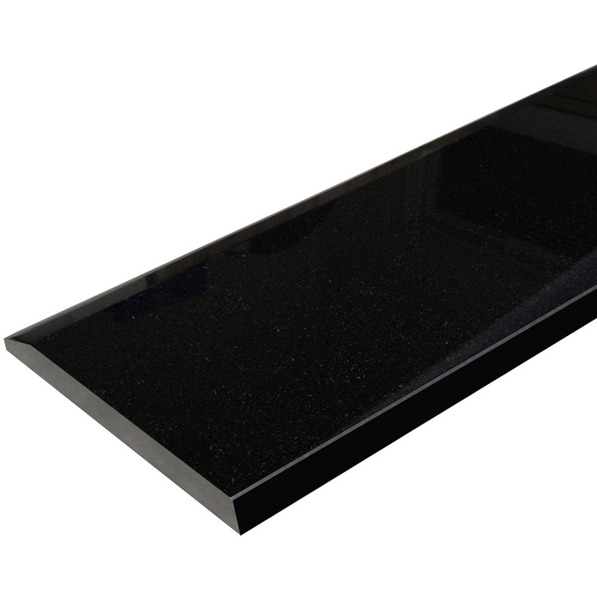 Side angle view of 6 x 48 Hollywood Saddle Absolute Black Polished Granite Stone shows the top surface finish, slope edge on one long side and eased edge bevel on the other long side