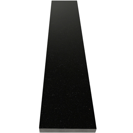 Close-up view of 6 x 36 Saddle Threshold Absolute Black Polished Granite Stone shows the top surface finish and bevel on both long edges