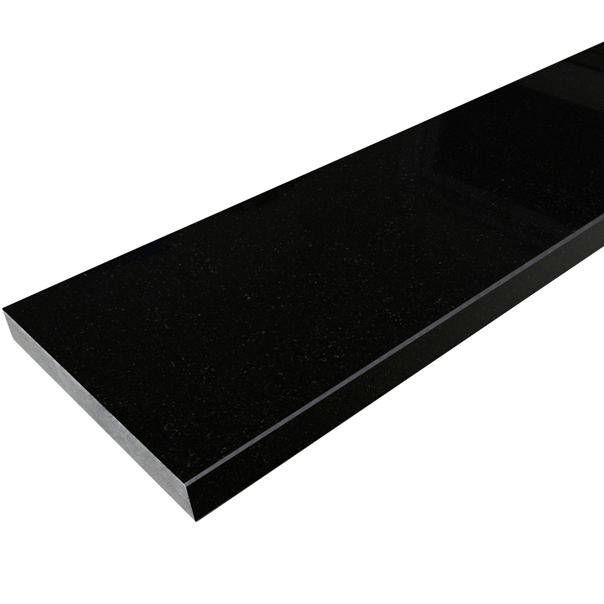 Side angle view of 4 x 60 Saddle Threshold Absolute Black Polished Granite Stone shows the bevel and finish on both long edges