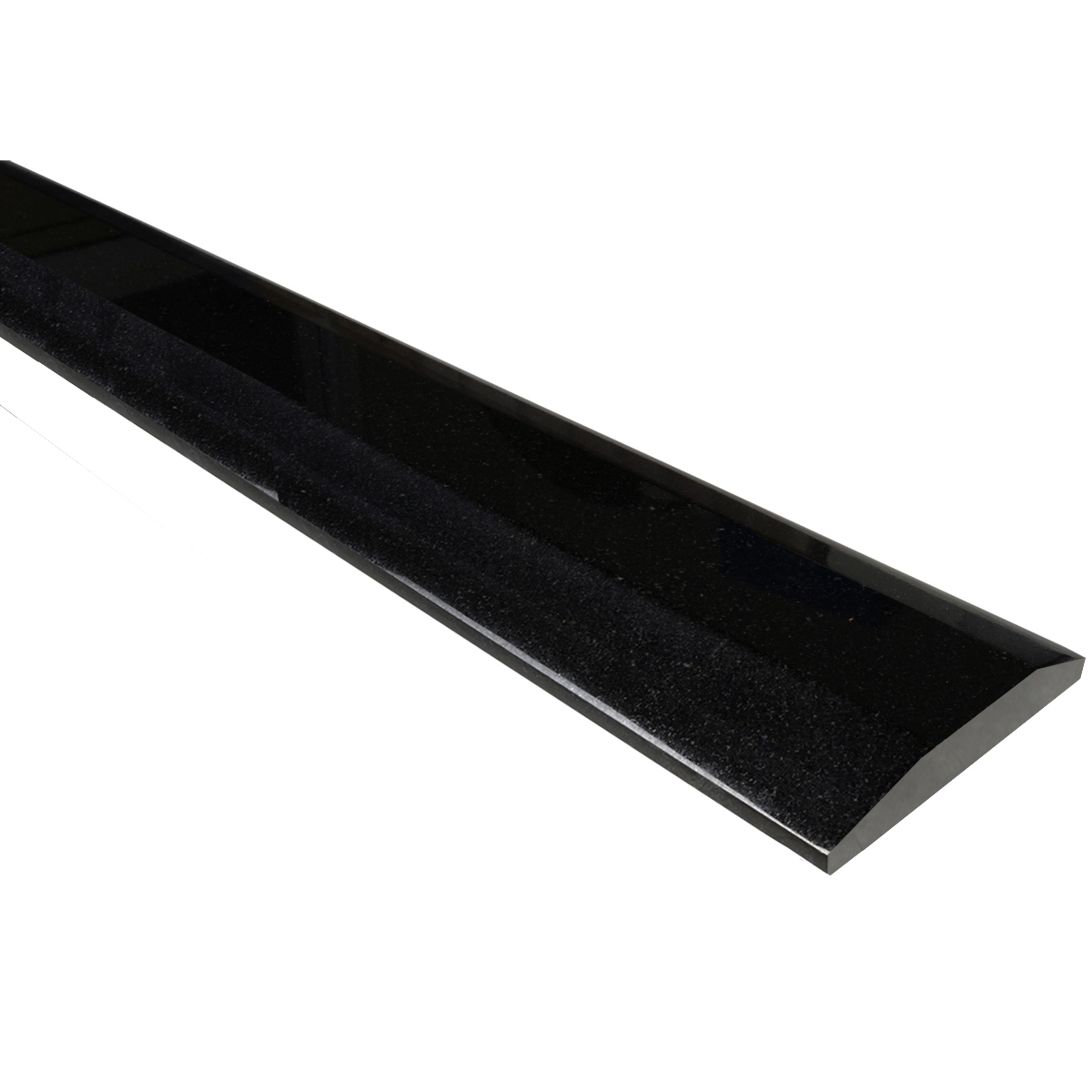 Side view of 4 x 36 Double Hollywood Saddle Absolute Black Polished Granite Stone shows the top surface finish, slope edge on both long sides