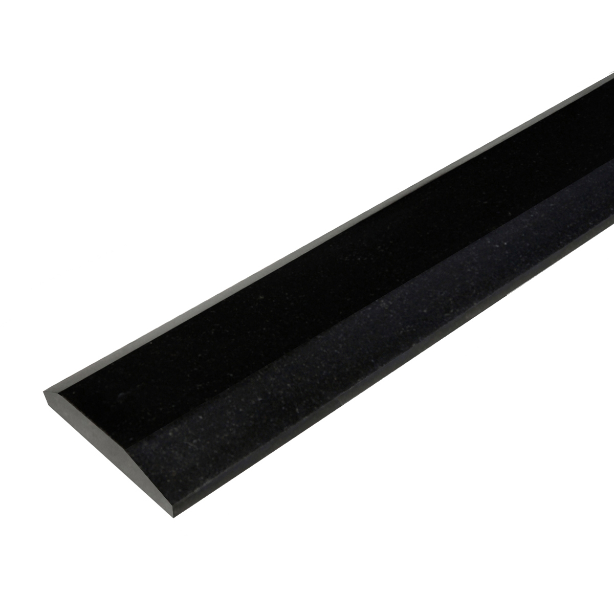 Side view of 4 x 36 Double Hollywood Saddle Absolute Black Polished Granite Stone shows the top surface finish, slope edge on both long sides