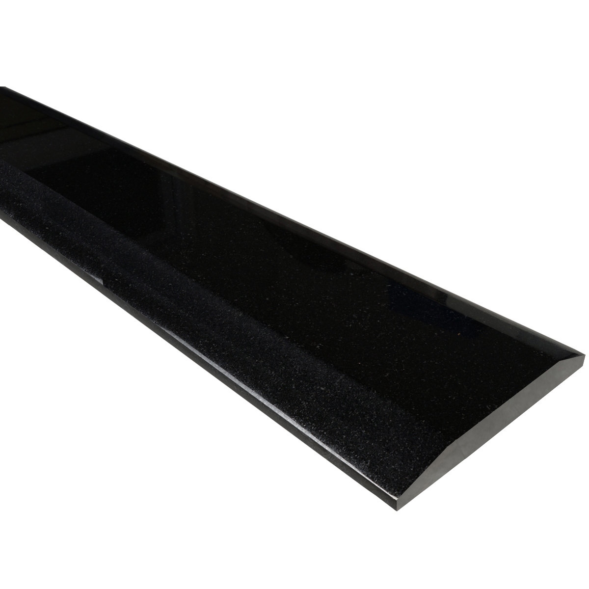 Side view of 5 x 48 Saddle Threshold Double Hollywood Absolute Black Granite Polished Stone shows the top surface finish, slope edge on both long sides