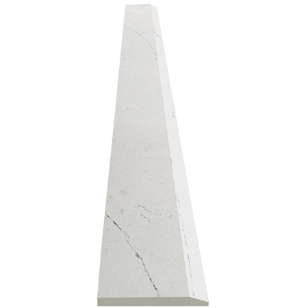 Close-up view of 6 x 36 Saddle Threshold Hollywood Bianco Carrara Stone shows the top surface finish, slope edge on one long side and eased edge bevel on the other long side