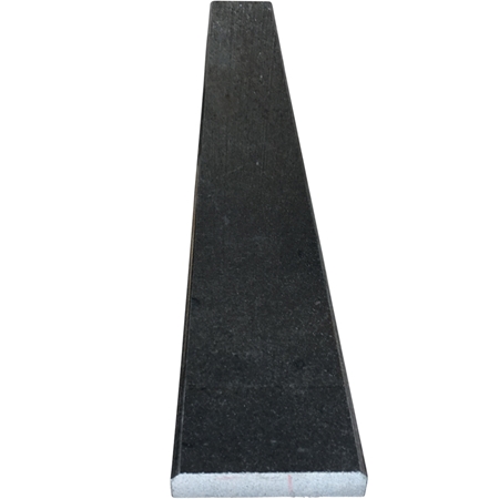 Close-up view of 5 x 58 Saddle Threshold Absolute Black Polished Granite Stone shows the top surface finish and bevel on both long edges