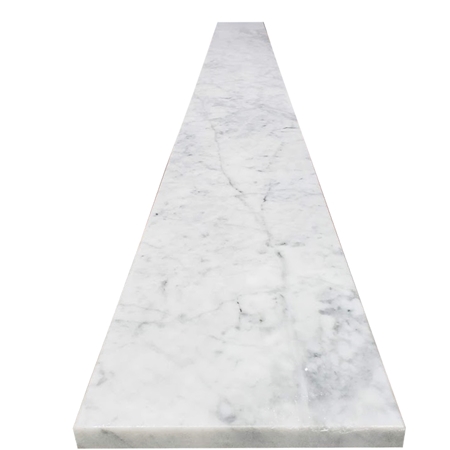 Close-up view of 6 x 24 Saddle Threshold Italian White Carrara Marble Stone 5/8 Inches Thick shows the top surface finish and bevel on both long edges