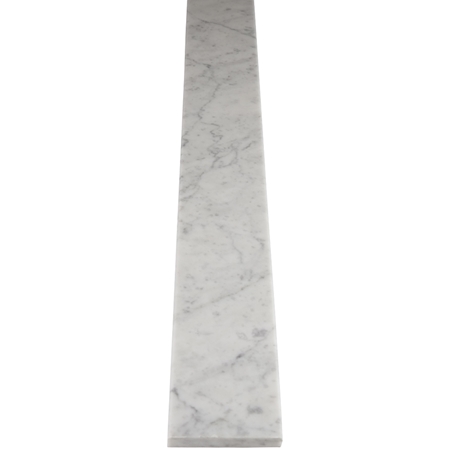 Close-up view of 4 x 48 Saddle Threshold Italian White Carrara Marble Stone shows the top surface finish and bevel on both long edges