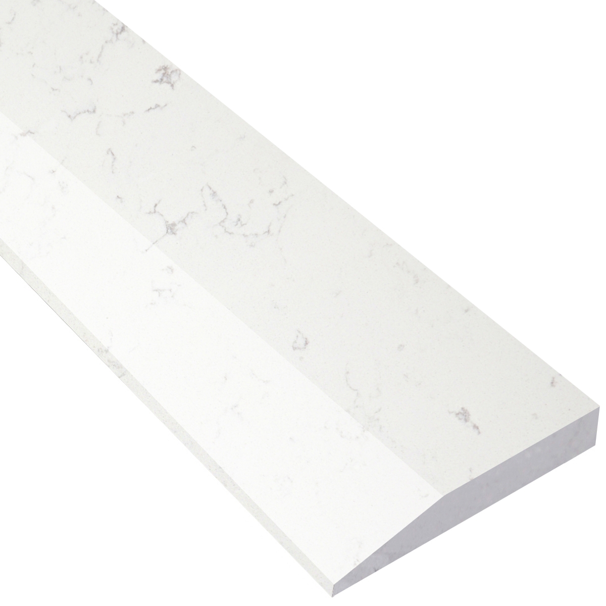 Side view of 4 x 60 Saddle Threshold Hollywood Bianco Carrara Stone shows the top surface finish, slope edge on one long side and eased edge bevel on the other long side
